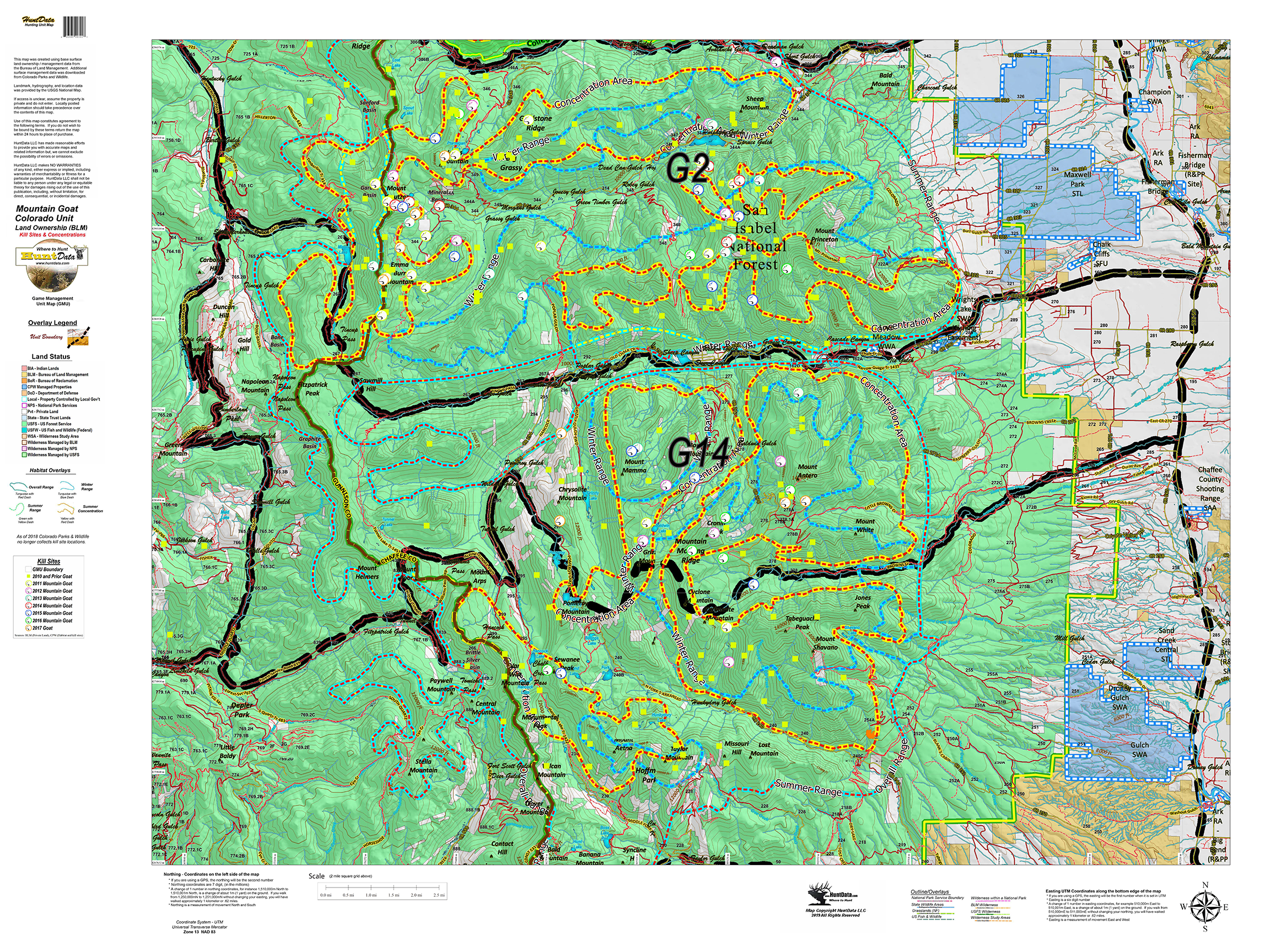 CO Mountain Goat Kill Sites with Land Ownershp and Concentration